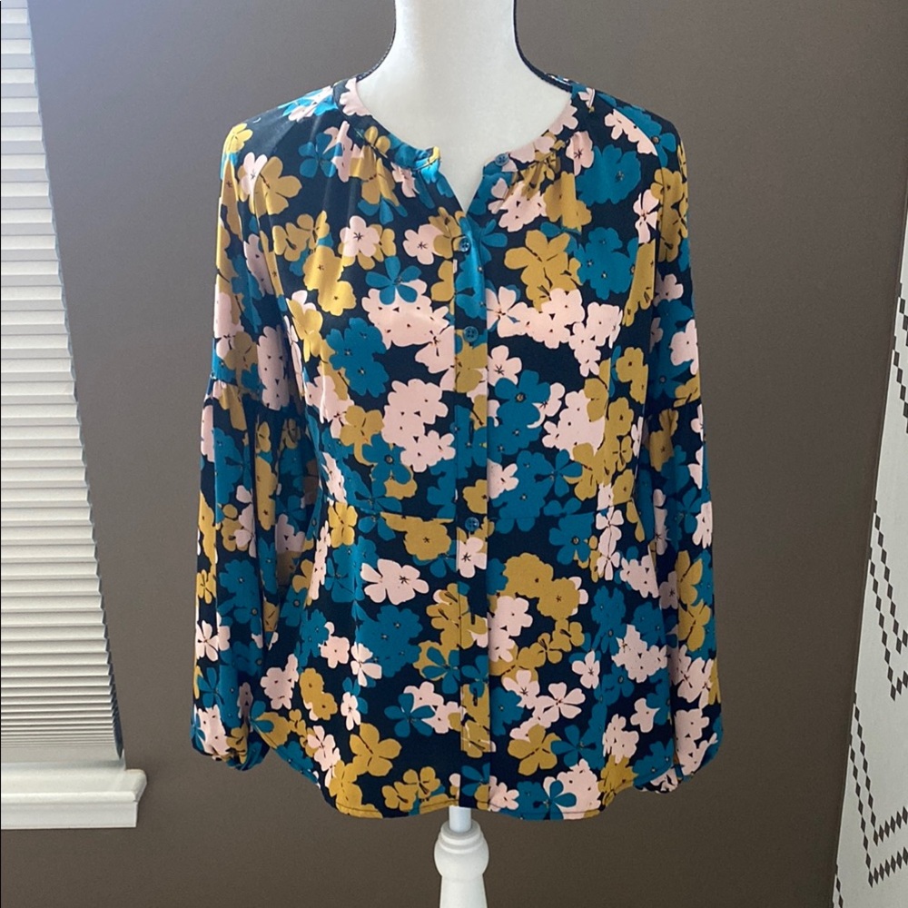 CAbi Blue Relaxed Long Sleeve Blouse with Mandarin Collar